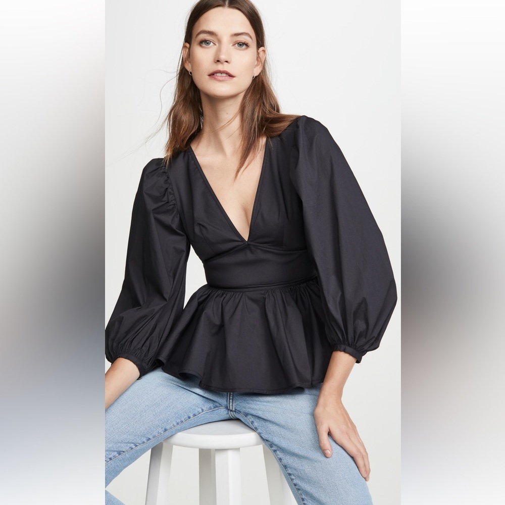 STAUD Luna Top Black Peplum Poplin Bold Sleeve Open Back - Picture 2 of 15